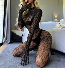 Women Body Stockings Fishnet Long sleeve Gloves Leopard Sexy Underwear MQ021