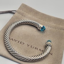 David  Sterling Silver 7mm Blue Topaz And 14K Gold Cable Cuff Bracelet