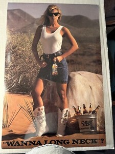 VINTAGE MILLER BEER "Wanna Longneck" GIRL WITH COWBOY BOOTS 20 x 30 POSTER
