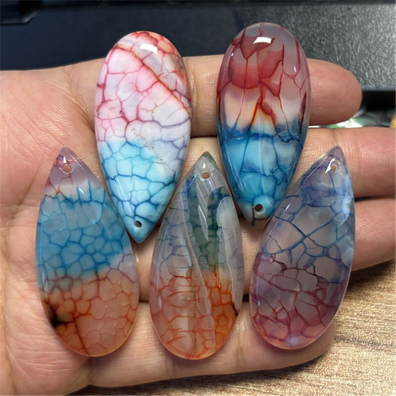 PF05DA08445 48x22x7mm 5pcs Colorful Fire Dragon Veins Agate Teardrop