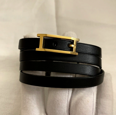 Hermes Hapi Gold Plated Tour Wrap Swift Leather Bracelet - Sz