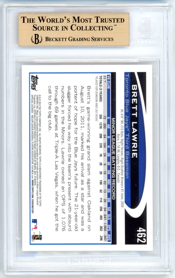 Brett Lawrie RC BGS 9.5: 2012 Topps Rookie Card #462 - Image 2 of 3