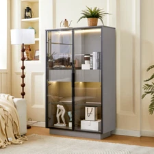 60" Tall Display Cabinet - LED Lights, Glass Door & 2 Drawers, Grey