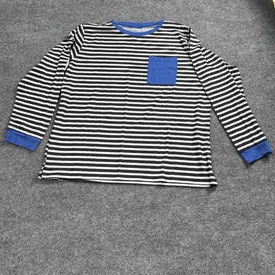 Striped Long Sleeve Pocket T-Shirt Black White Crewneck Tee Blue Trim