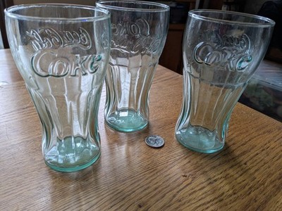 Coca-Cola Set of 3 Green Glasses 16oz Embossed Logo Bell Shaped Vintage