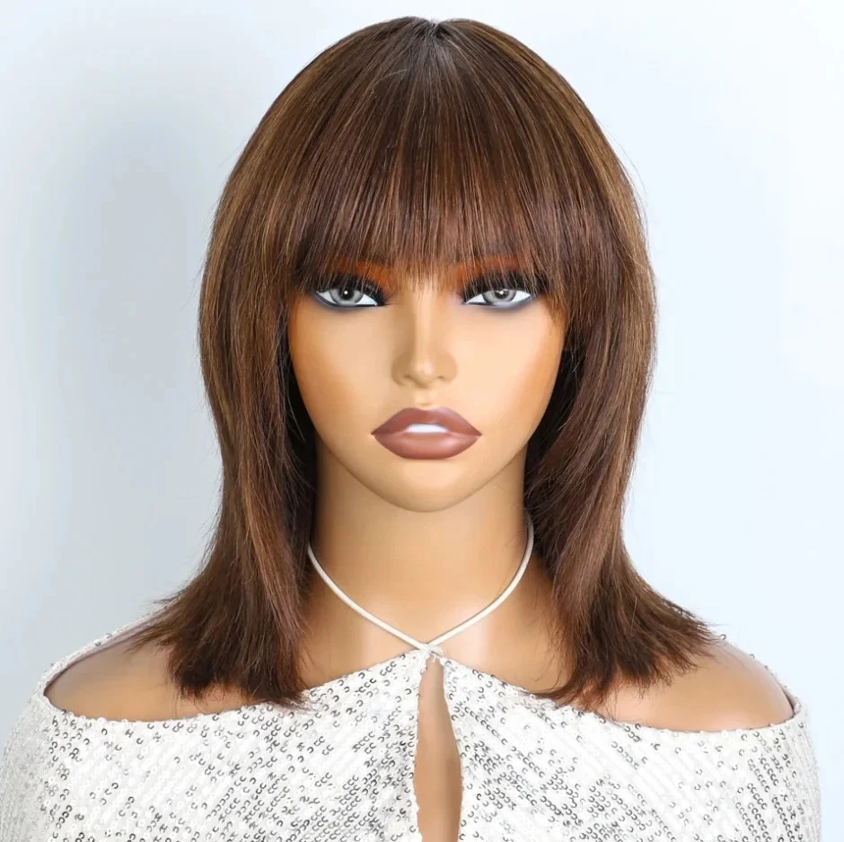 Pelucas cortas marrones pelucas de corte en capas con flequillo 100 % cabello humano sin encaje Foto 2 de 4