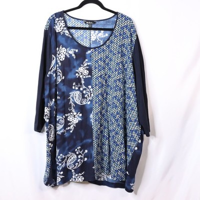 Ulla Popken 32 34 Dress Blue Cotton Floral Zig Zag Split Scoop Neck 3/4th Sleeve