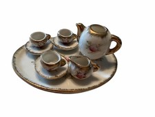 Vintage 1950s Miniature Porcelain Tea Set Japan 9 Pc Cherry Blossom Gold Trim