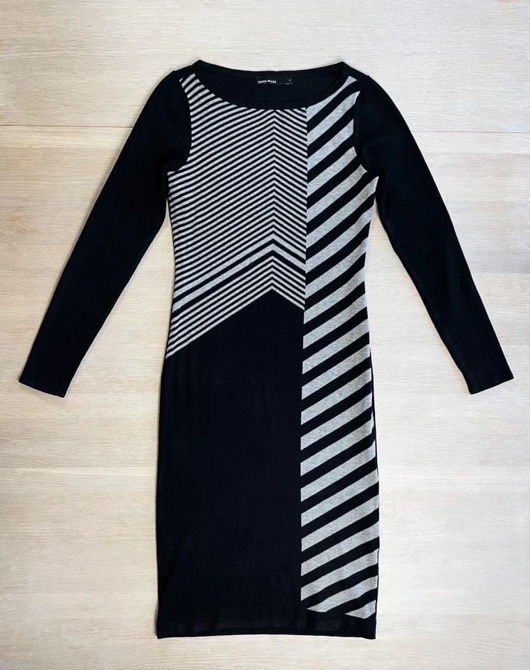 Karen Millen schwarzes figurbetontes Pulloverkleid, optische Streifen Illusio... - Bild 2 von 4