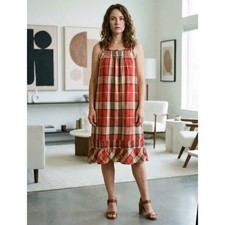 Talbots Red Plaid Cotton Ruffle Neck Tank Dress 16 Ruffle Hem Cottagecore Preppy