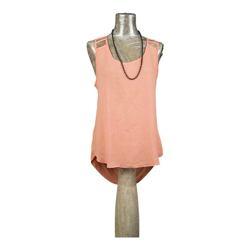 Peach Coral Sleeveless Tank Top Open Lattice Back Draped Hi-Lo Hem Women’s