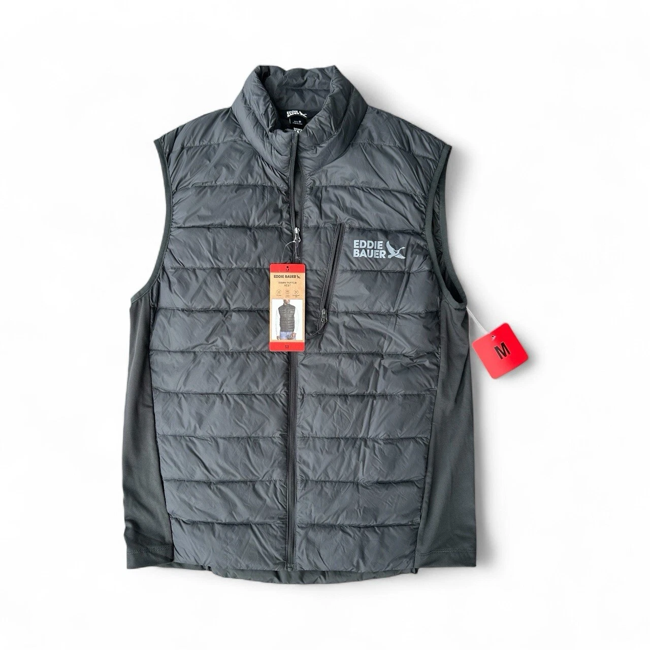 NEW Eddie Bauer Men's Medium 550 Down Puffer Vest Gray Sleeveless