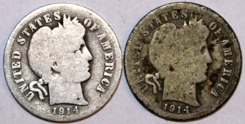 (2) Barber Silver Dimes - 1914-P(Good) 1914-S(Good) - #9324D - FREE SHIPPING
