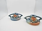Pair of Roseville Pottery Magnolia Candleholders Blue 1156-2 1/2" USA