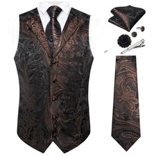 Mens Vest Tie Set 7PCS Silk Paisley Suit Waistcoat and XX-Large Brown Paisley