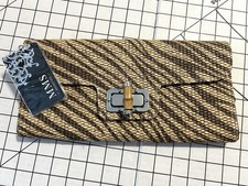 Brown Wide Clutch Woven Purse Silver Tone Clasp Neutral New Beach Stripe
