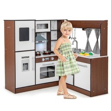 Wooden Corner Play Kitchen w/ Lights Sounds Water Circulation System for Kids