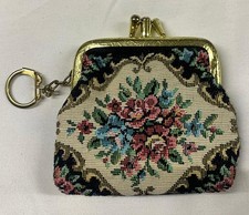 VTG PETIT POINT TAPESTRY FLORAL ROSE DOUBLE KISS CHANGE/COIN PURSE W/KEY RING