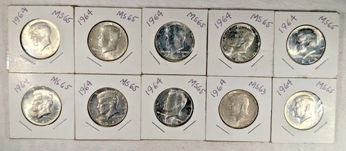 LOT OF 10 UNC 1964 KENNEDY HALF DOLLAR COINS $5 FACE VALUE UNCIRCULATED #93