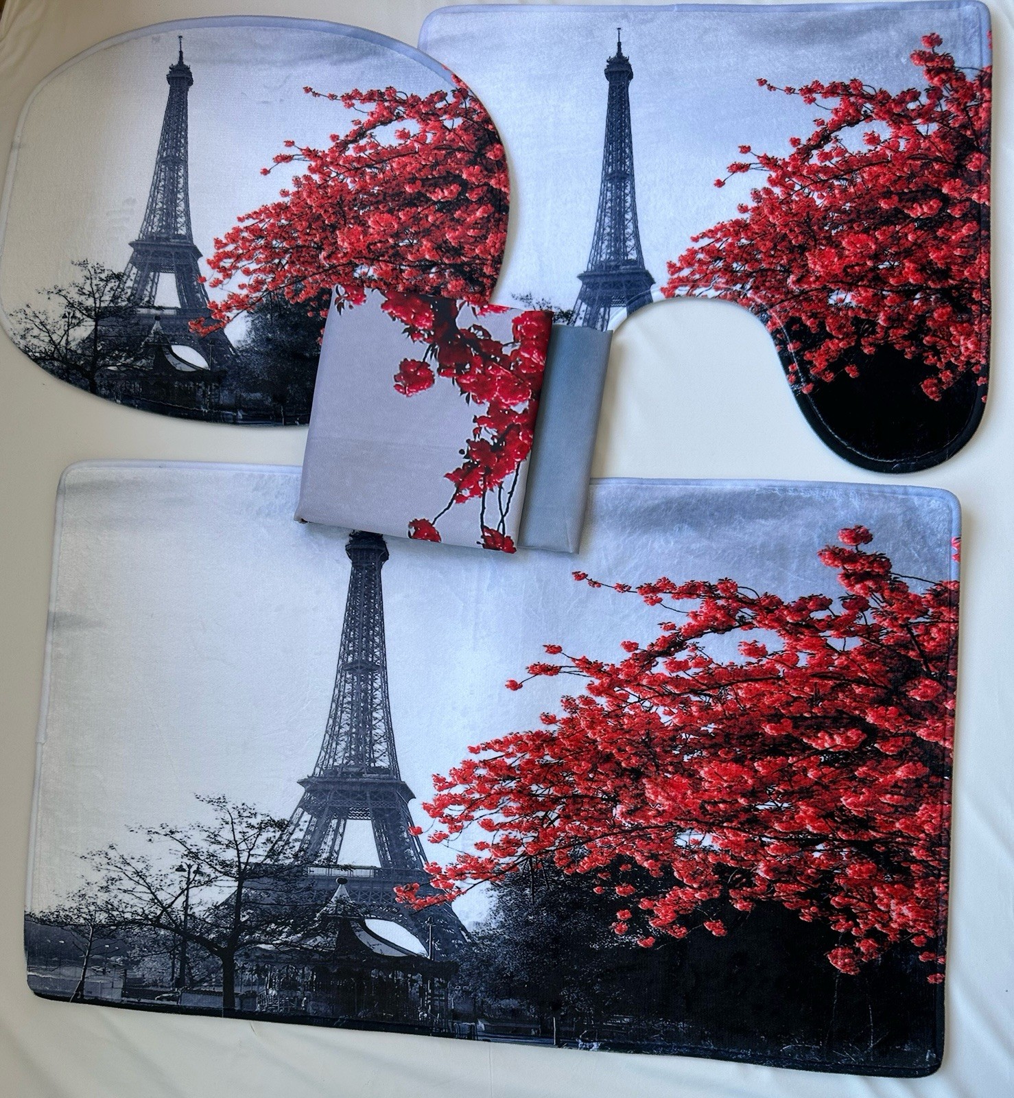 Ensemble salle de bain Rideau de douche et Tapis Élégance Parisienne blanc en coton et polyester