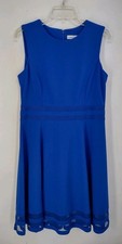 Calvin Klein Sleeveless Fit Flare Dress Size 12 Blue Mesh Illusion Hem Stretch