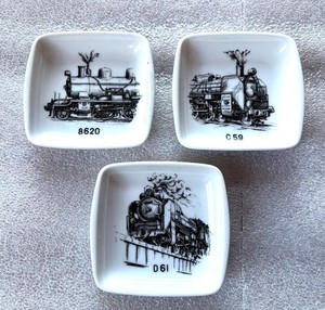 3 NORITAKE STEAM LOCOMOTIVE small trinket plates C59 8620 D61 trains engines