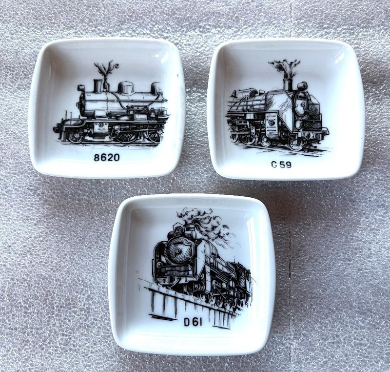3 NORITAKE STEAM LOCOMOTIVE small trinket plates C59 8620 D61 trains engines