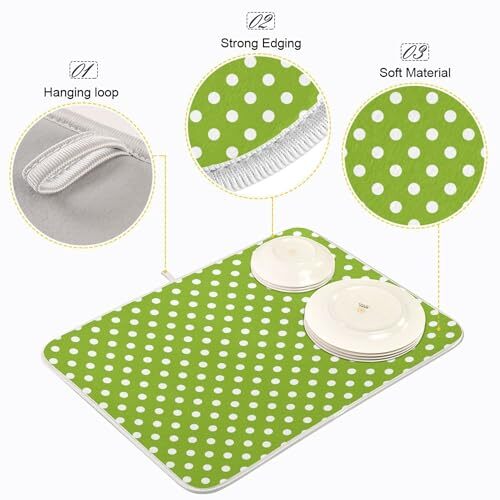 Dish Drying Mat for Kitchen White Polka Dot Mint Microfiber 16x18(in)x1 Green - Picture 4 of 7