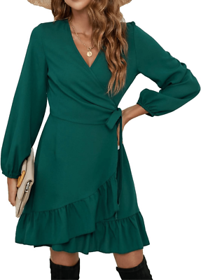 NEW Long Sleeve Wrap V Neck Ruffle Mini Dress M | eBay