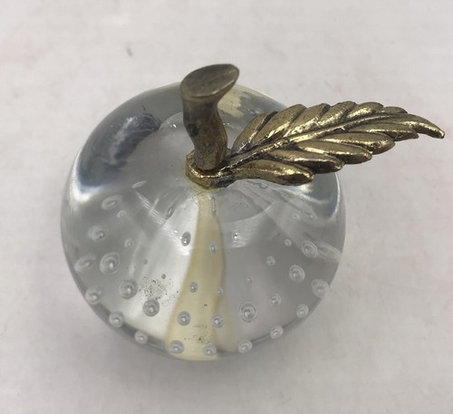 Blown Glass Art APPLE Paperweight Bubbles & Brass Leaf & Stem 3”H - Picture 2 of 8