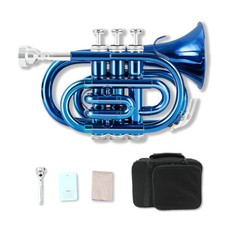 Bb Brass Pocket Trumpet Nice Blue with Case Mouthpiece Cleaning Cloth Gift Kit