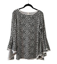 Versona Womens Size LG Top Black White Dots Boat Neck Flared Sleeves Made In USA