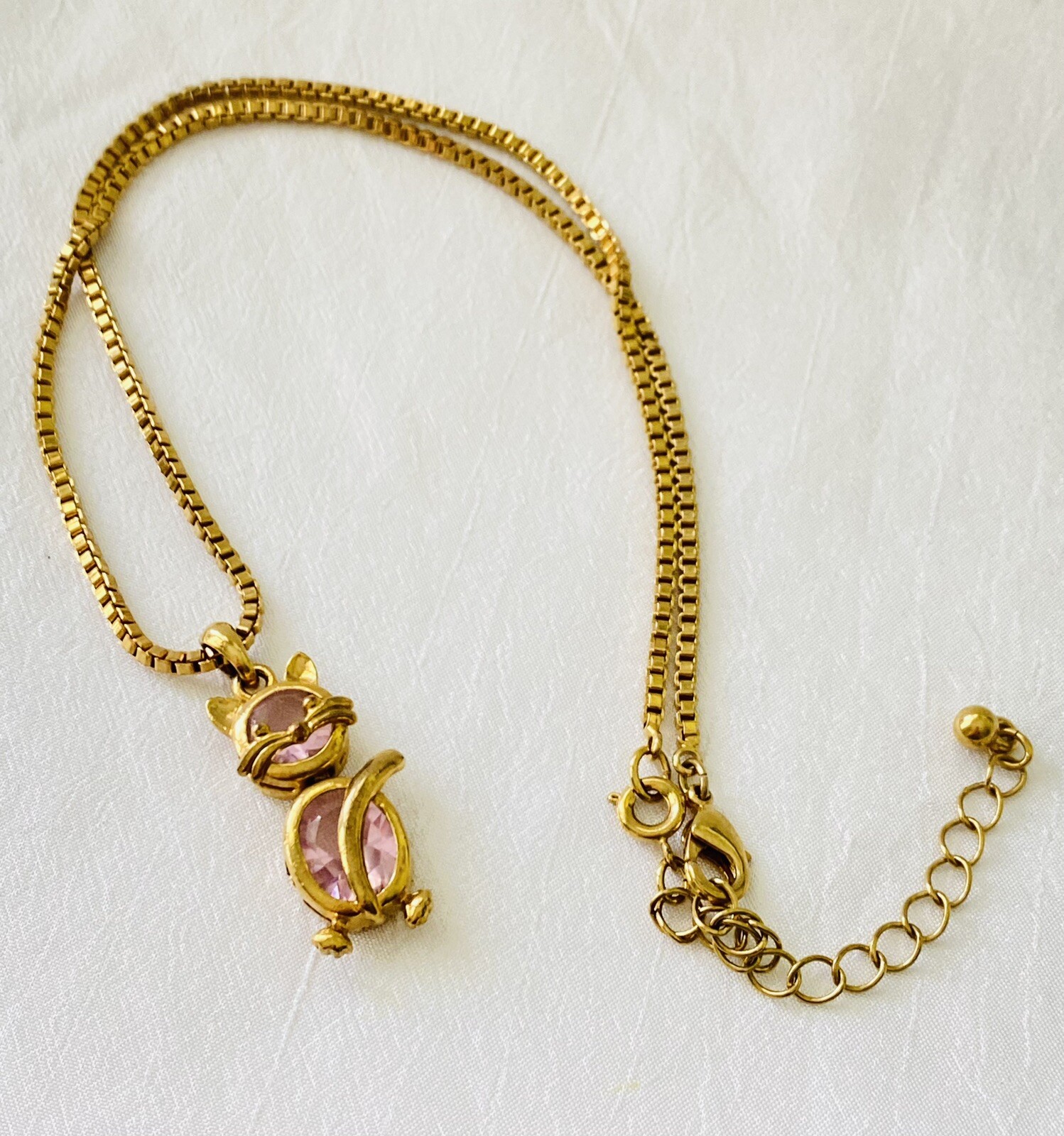 Pink Crystal Looking  Gold Tone Cat Pendant Charm  Birthstone & Lovely Box Chain