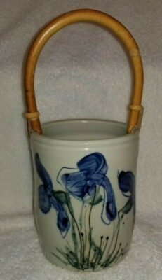 Jim Reno NY Studio Art Pottery Vase with Wood Handle Hand Painted Blue Iris 2002