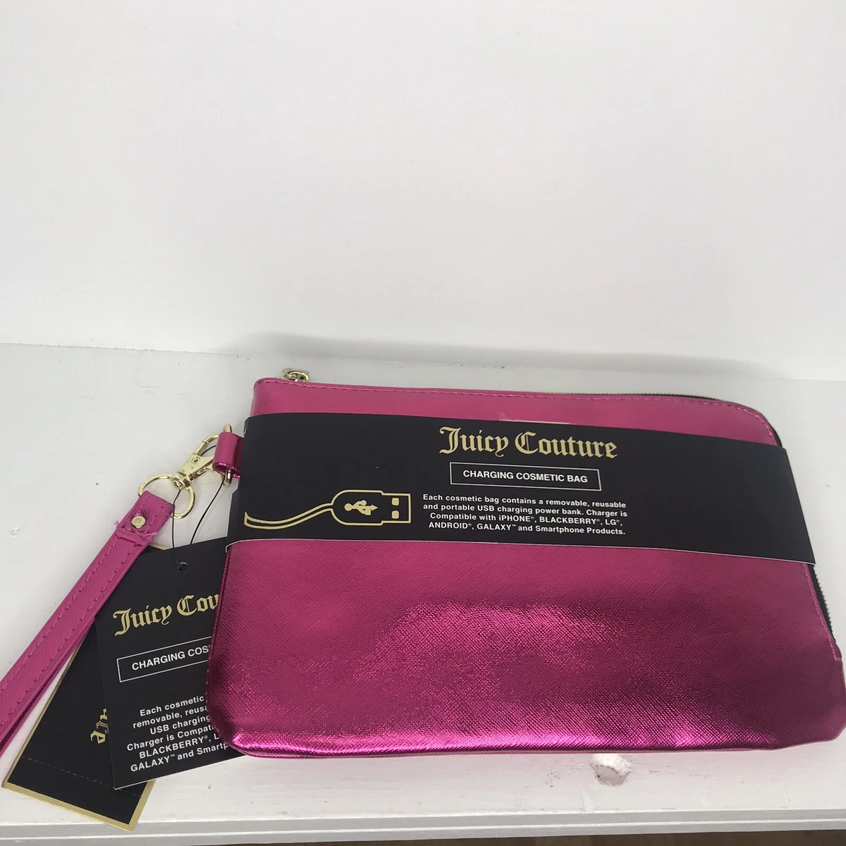Juicy Couture Phone Charging Cosmetic Bag Wristlet Iridescent Pink