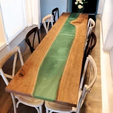 Green Epoxy Resin Top Dining Table Wooden Live Edge Cafeteria Hallway Furniture