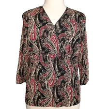 East 5th Top Womens Size XL Black Red Paisley Faux Wrap Babydoll Y2K Boho Career