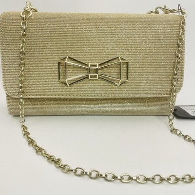 NWT Ted Baker Traynor Gold Geo Bow Clutch Gold Chain 3 Compartments Lined