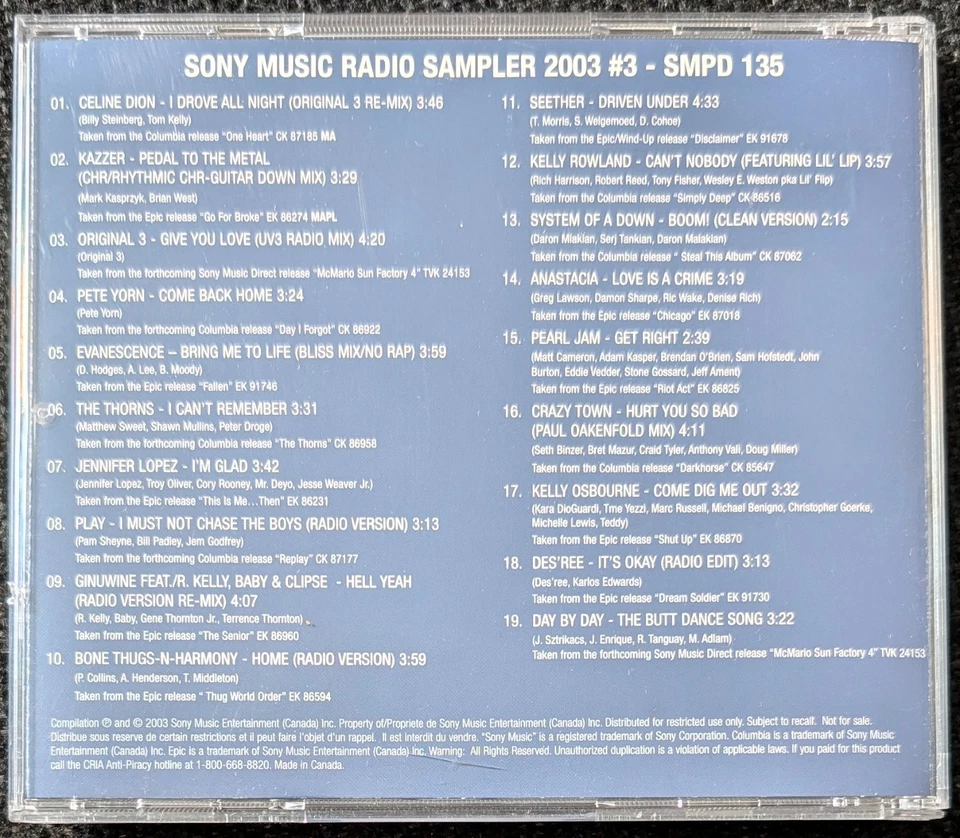 SONY MUSIC RADIO SAMPLER 2003 #3 CD - VARIOUS (CELINE DION, PEARL JAM, SEETHER + - Image 2 of 2