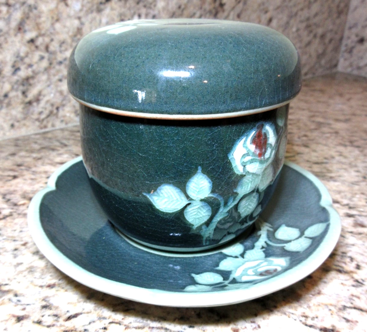 Vtg Celadon Tea Infuser Set Teal w/Flower Saucer Crackle Ceramic Korea EUC