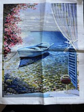 Completed Hand Painted Paint By Number Window Looking Out To Lake With Wine