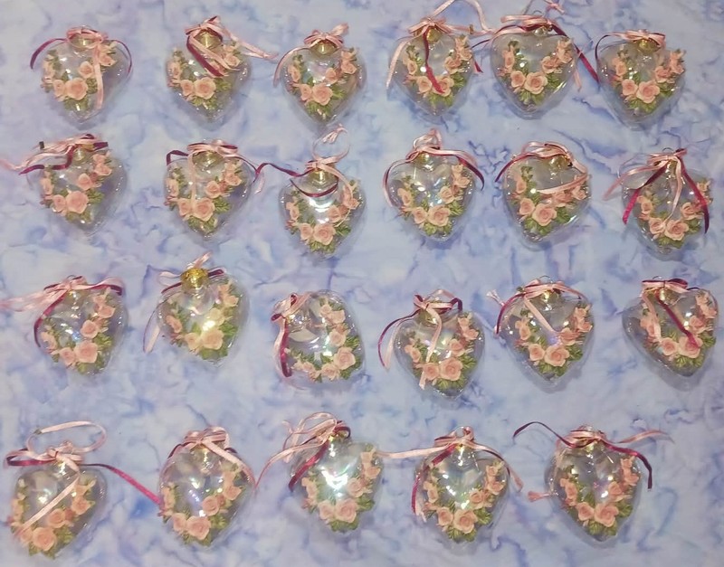 Vintage Lot of Christmas Glass Heart Ornaments With Flowers / 23 Total
