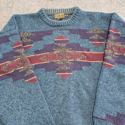 Vtg 90s Eddie Bauer Wool Sweater Mens Blue Knit Aztec