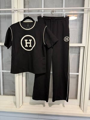 Letter H Monogram 2-piece Black & White Knit T-shirt & Pants Set Size Medium NEW