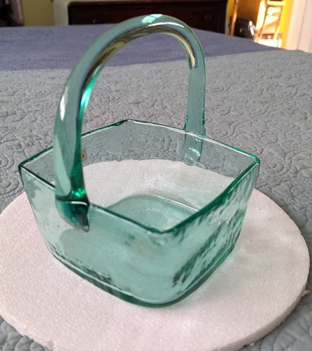 Teal-Green Hand-Blown Glass BLENKO Basket