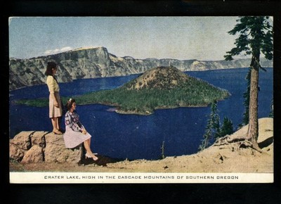 Oregon OR postcard Crater Lake Cascade Mountains boulder tree young women