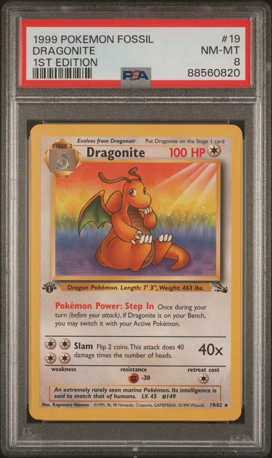 1999 Pokemon Fossil - Dragonite 1st Edition 19/62 PSA 8