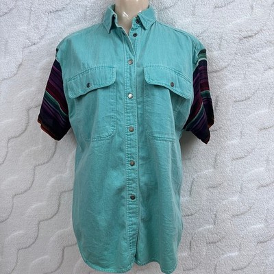 Lizwear Teal Denim Western Shirt Stripes Short Sleeve Button Up Women's Normcore