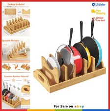 Bamboo Pot Lid Organizer 15.6 Inch 6 Adjustable Dividers 7 Sections Cabinet