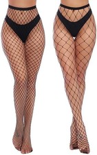 Womens High Waist Tights Fishnet Stockings One Size, Black 2 pair